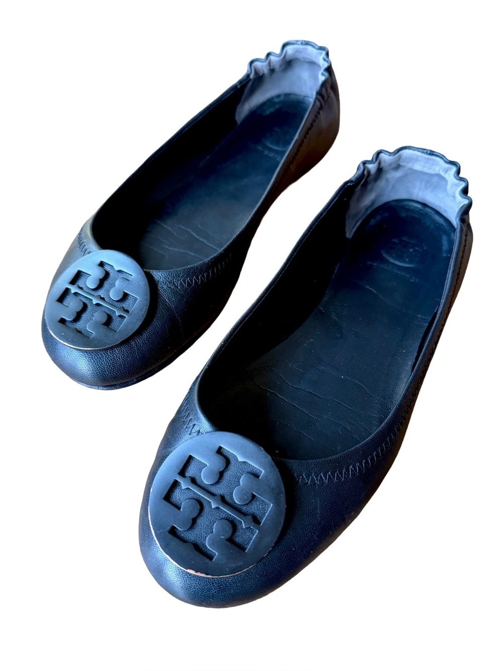 Tory Burch Minnie Travel Ballet Flats Black Leather Logo Size 7